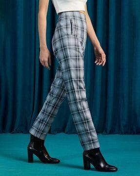 women checked tapered fit flat-front trousers