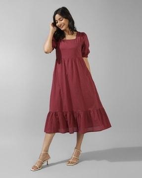 women checked tiered dress with insert pocket