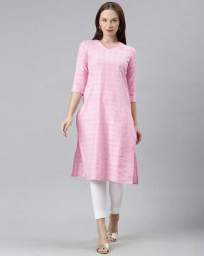 women checked v-neck straight kurta