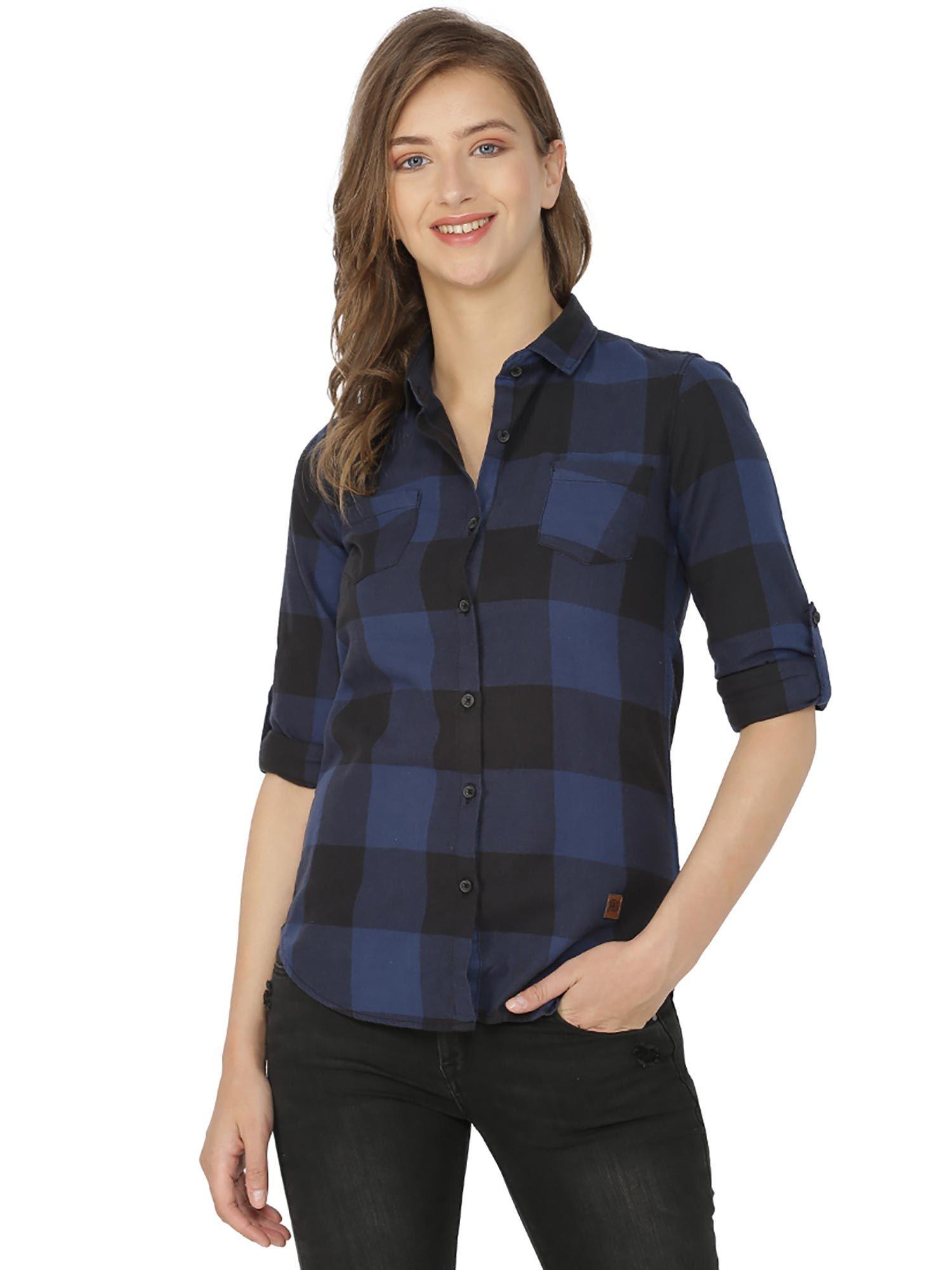 women checkered casual blue, black shirt