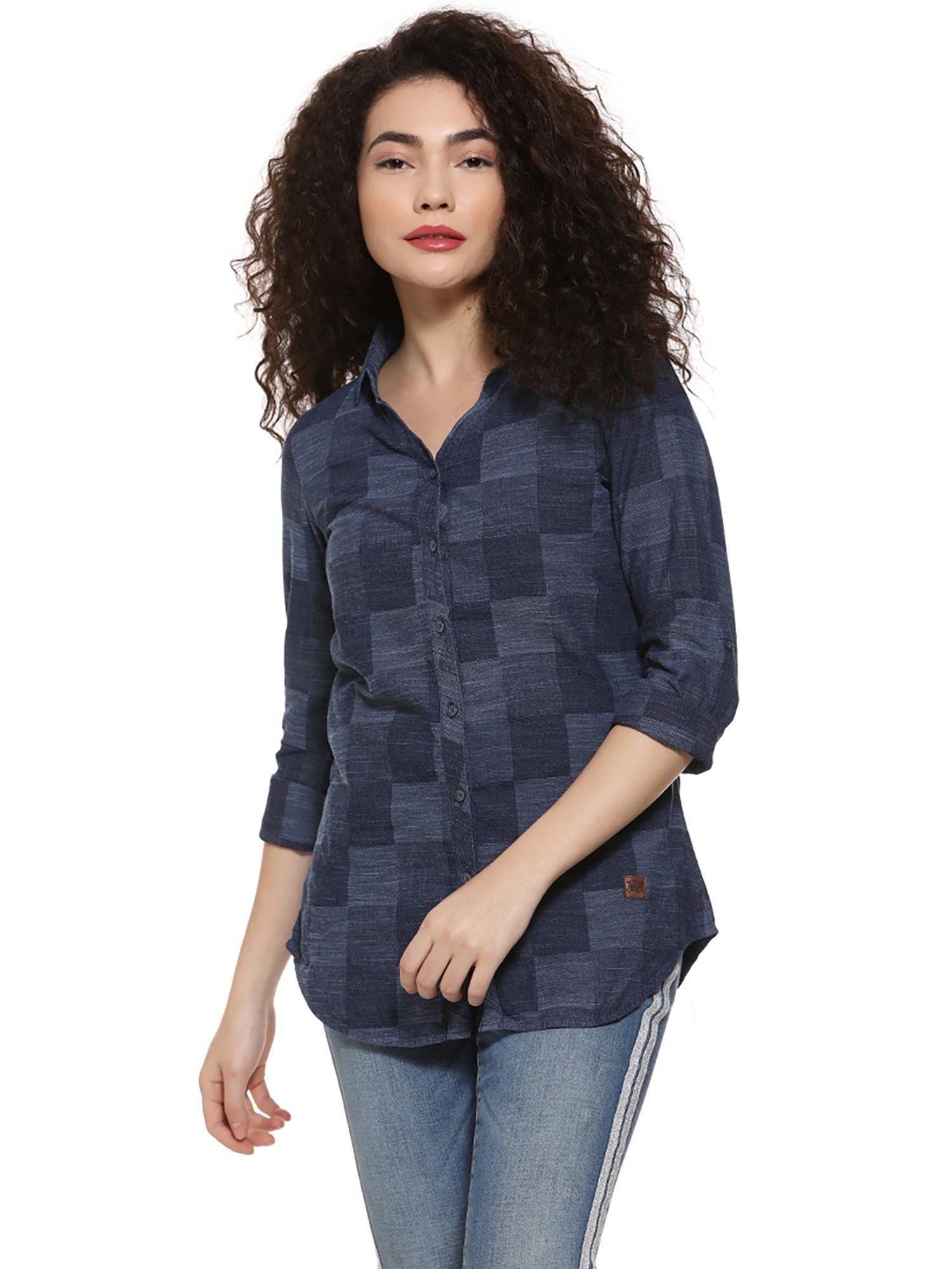 women checkered casual blue shirt