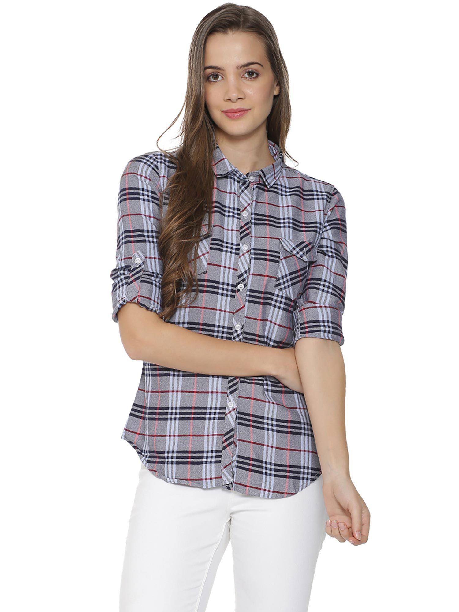 women checkered casual grey shirt