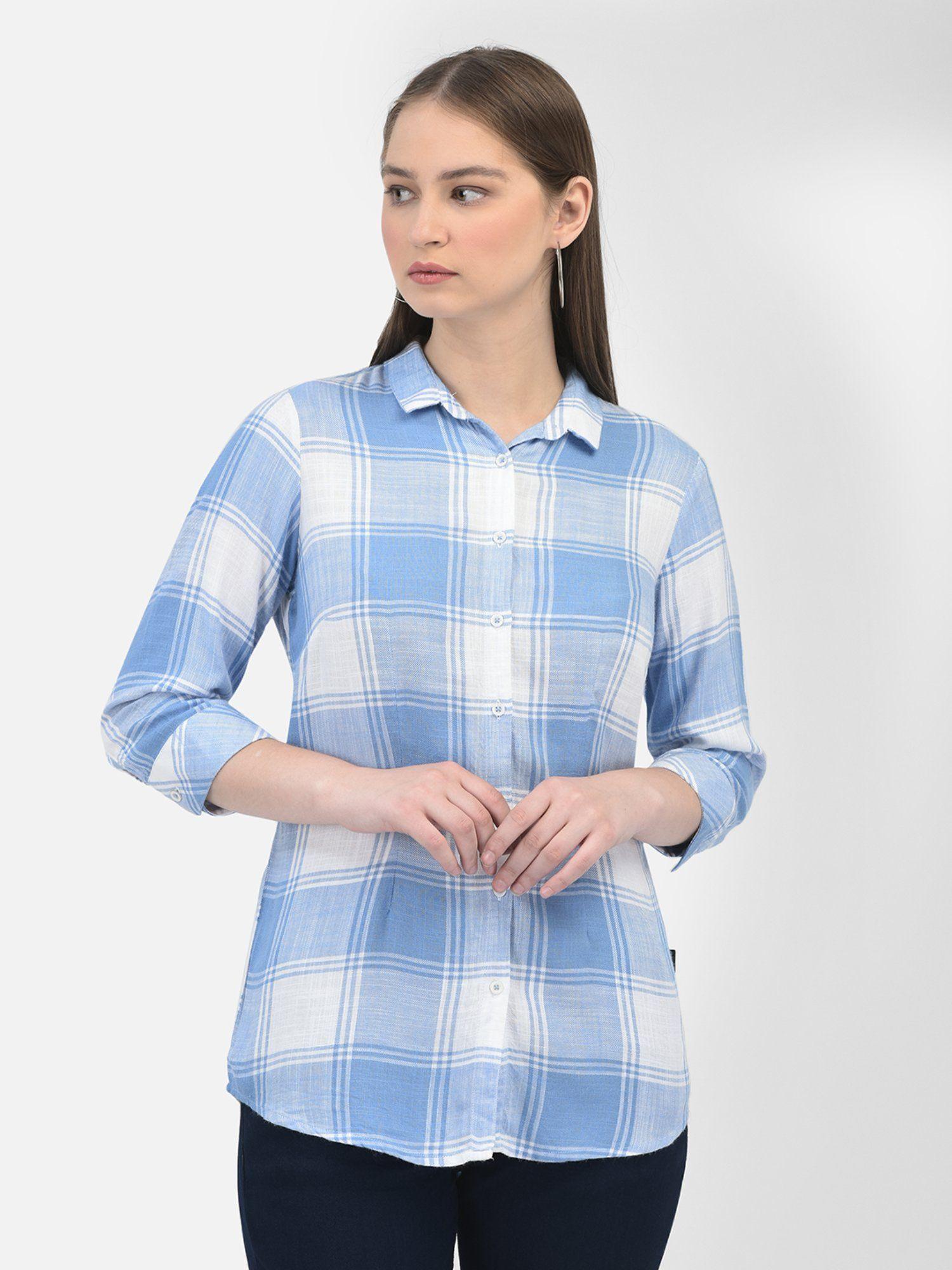 women checks blue three fourth sleeves collar neck shirt