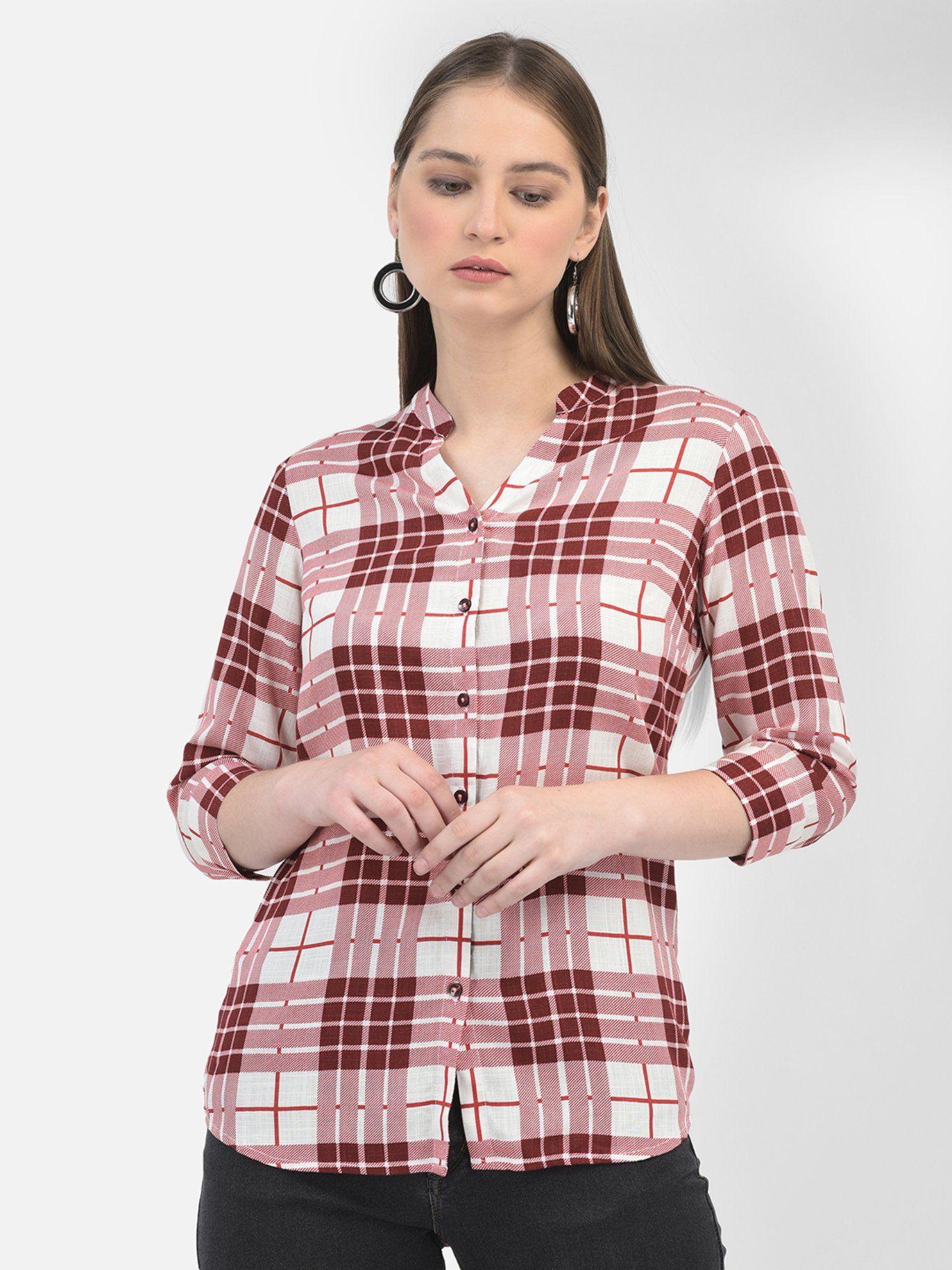 women checks maroon three fourth sleeves mandarin neck shirt