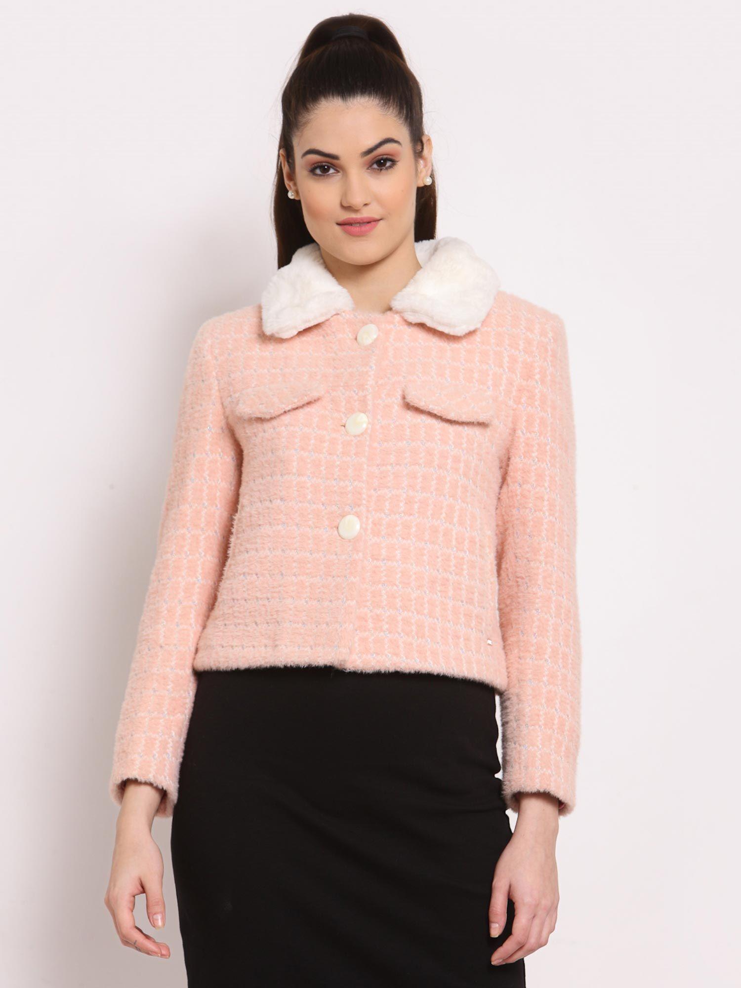 women checks polyester collar neck full sleeves pink short coat