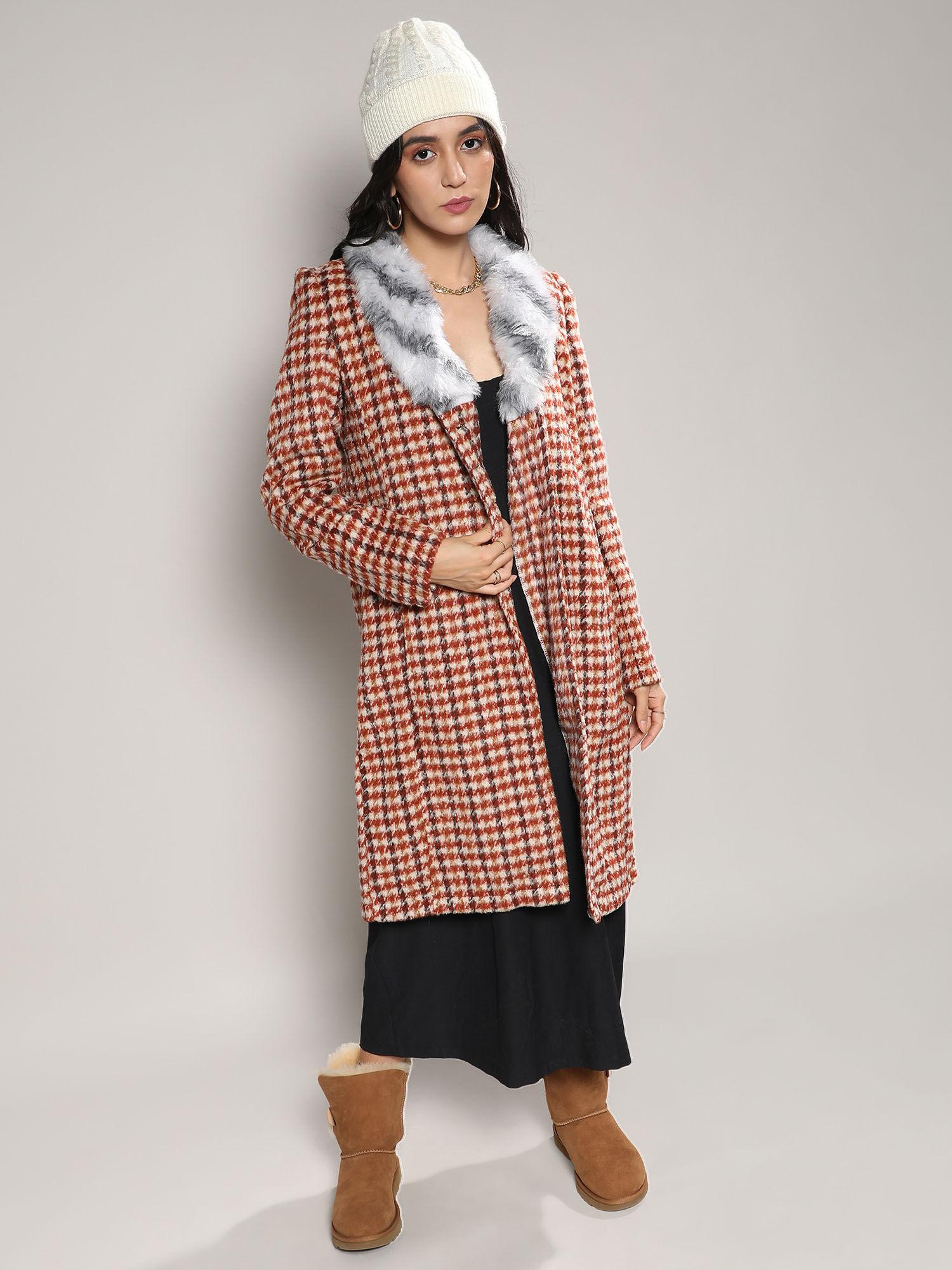 women chesnutt brown houndstooth long coat with faux fur neck