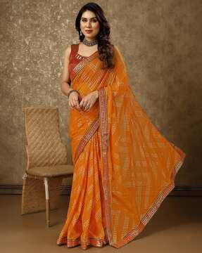 women chevron foil work zomto saree with lace border