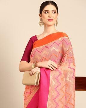 women chevron pattern art silk saree with tassels