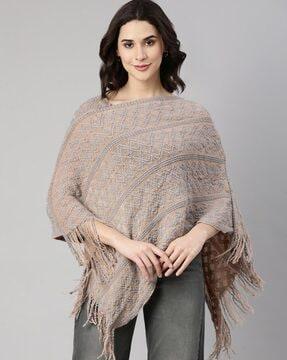 women chevron pattern poncho with frayed hem