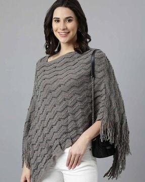 women chevron pattern poncho with fringes