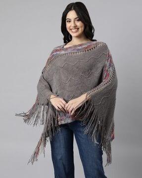 women chevron pattern poncho with fringes