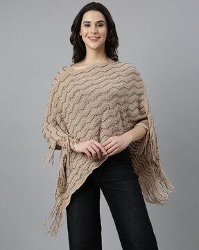 women chevron-patterned poncho with frayed hem