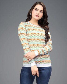 women chevron print relaxed fit round-neck top