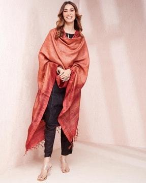 women chevron print silk dupatta with tassels