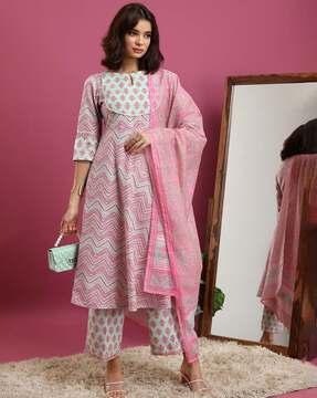 women chevron print straight kurta with palazzos & dupatta