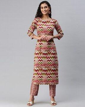 women chevron print straight kurta with pants