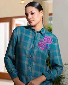 women chicago plaid shirt with embroidery