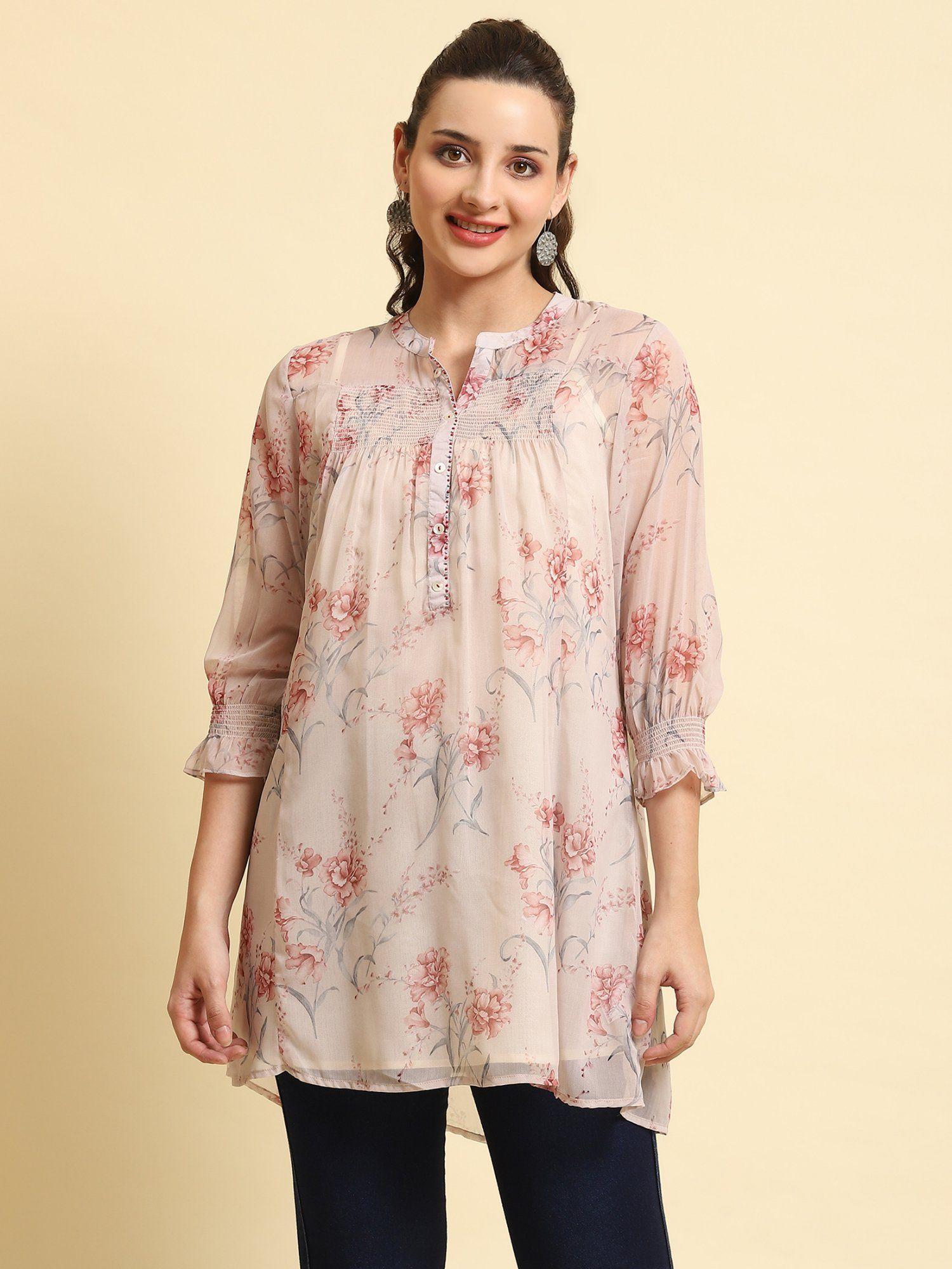 women chiffon pink floral printed tunic (set of 2)