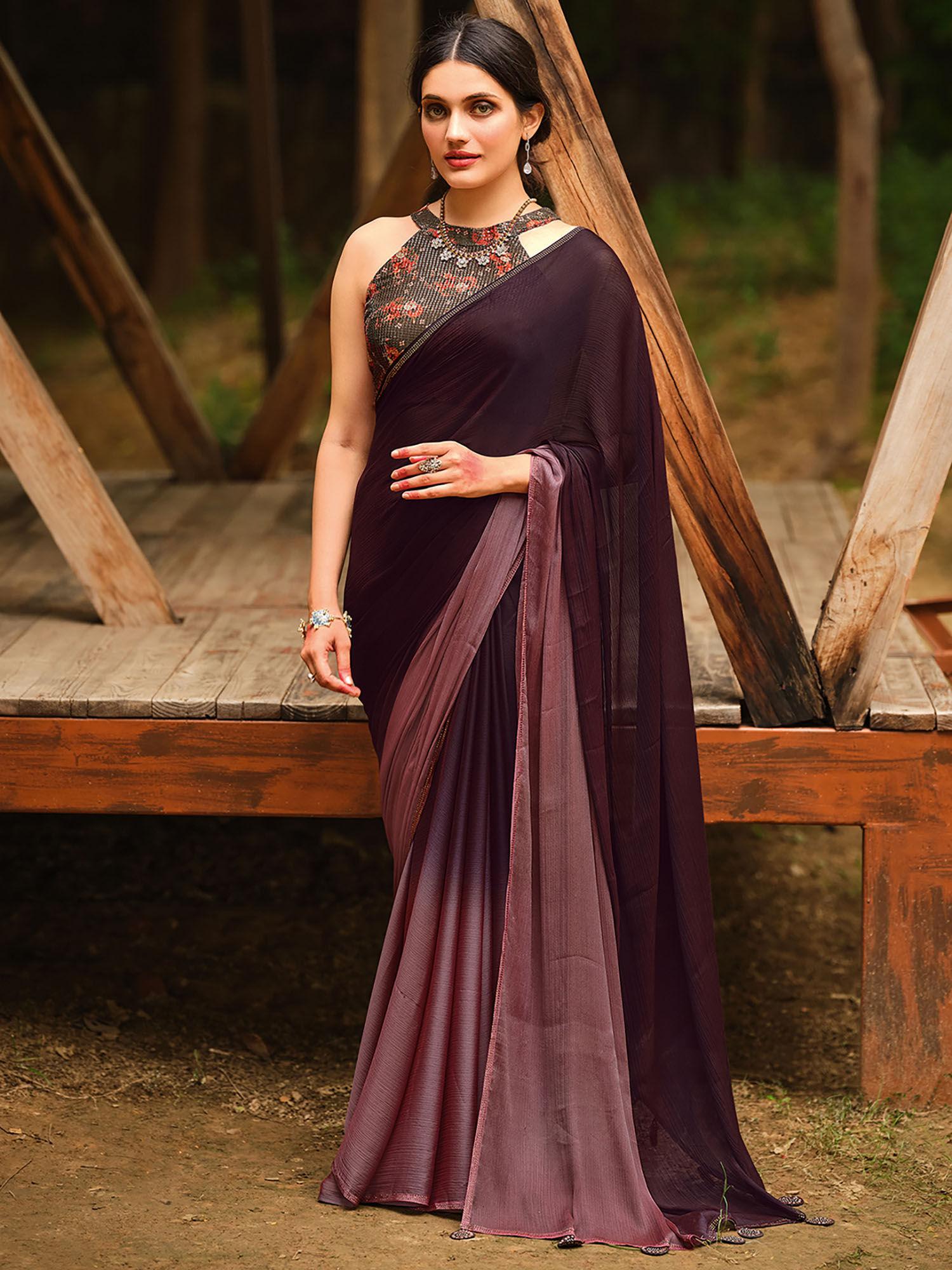 women chiffon purple embellished celebrity saree with unstitched blouse