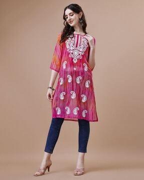 women chikankari embroidered straight kurta