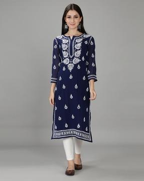 women chikankari embroidered straight kurta