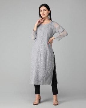 women chikankari embroidered straight kurta