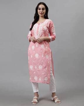 women chikankari embroidered straight kurta