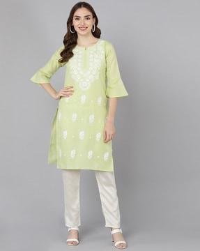 women chikankari embroidered straight kurta