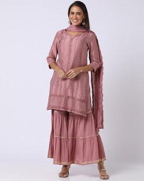 women chikankari embroidery kurta suit set