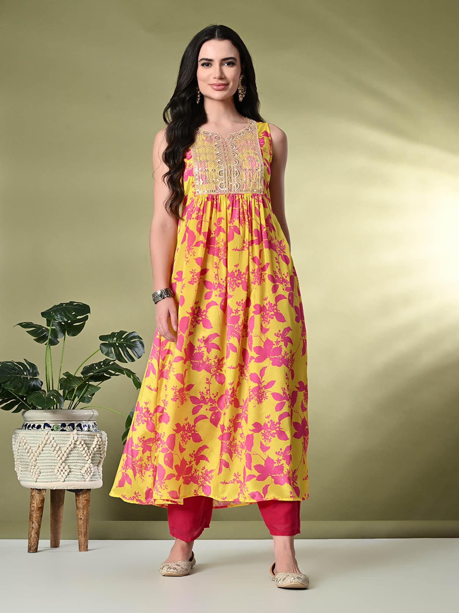 women chinon embroidered flared kurta in yellow colour