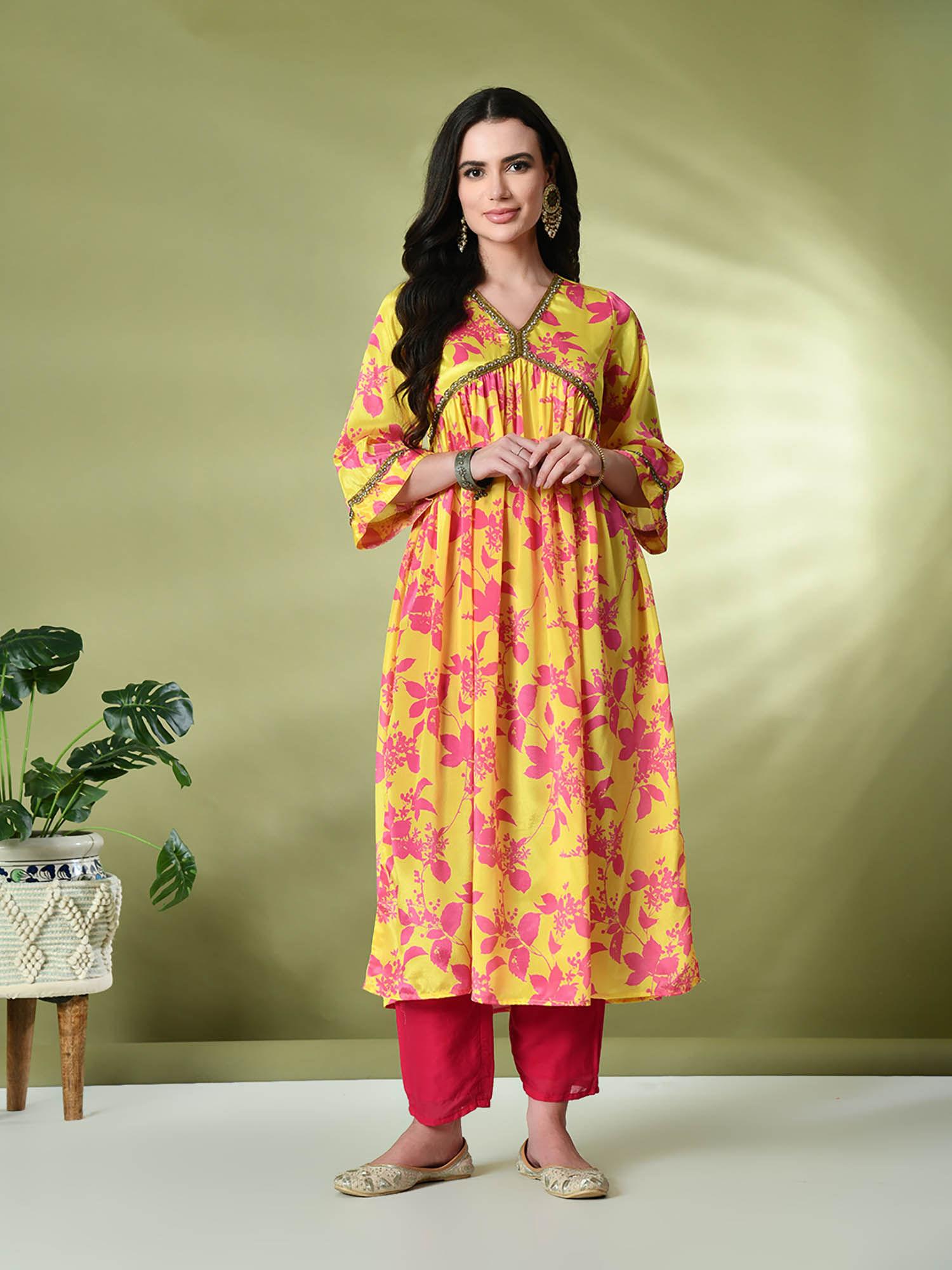 women chinon printed alia-cut kurta in yellow colour