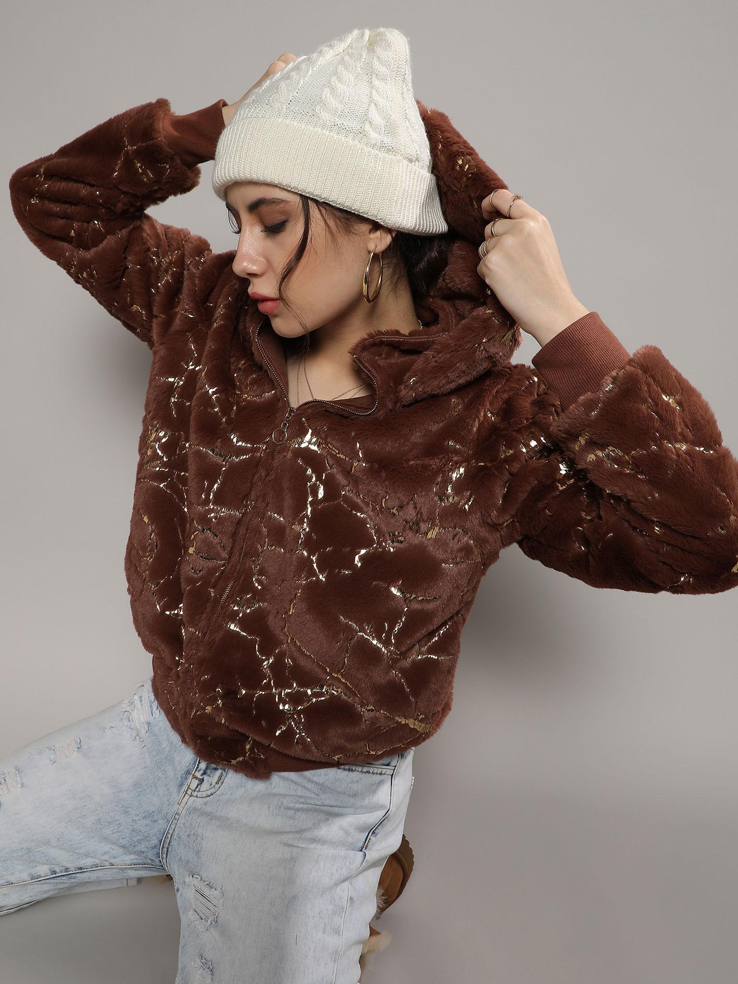 women chocolate brown metallic veined faux fur jacket