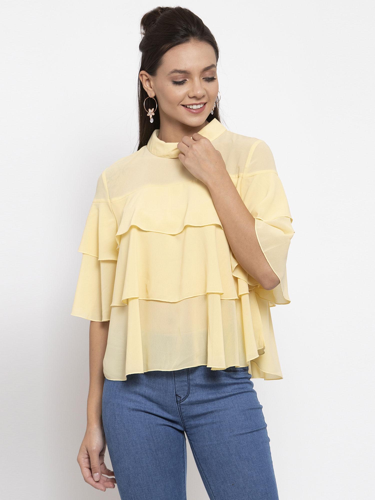 women choker neck short sleeves solid yellow color tops