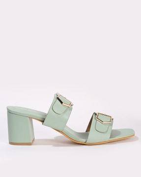 women chunky heeled sandals with buckle accent