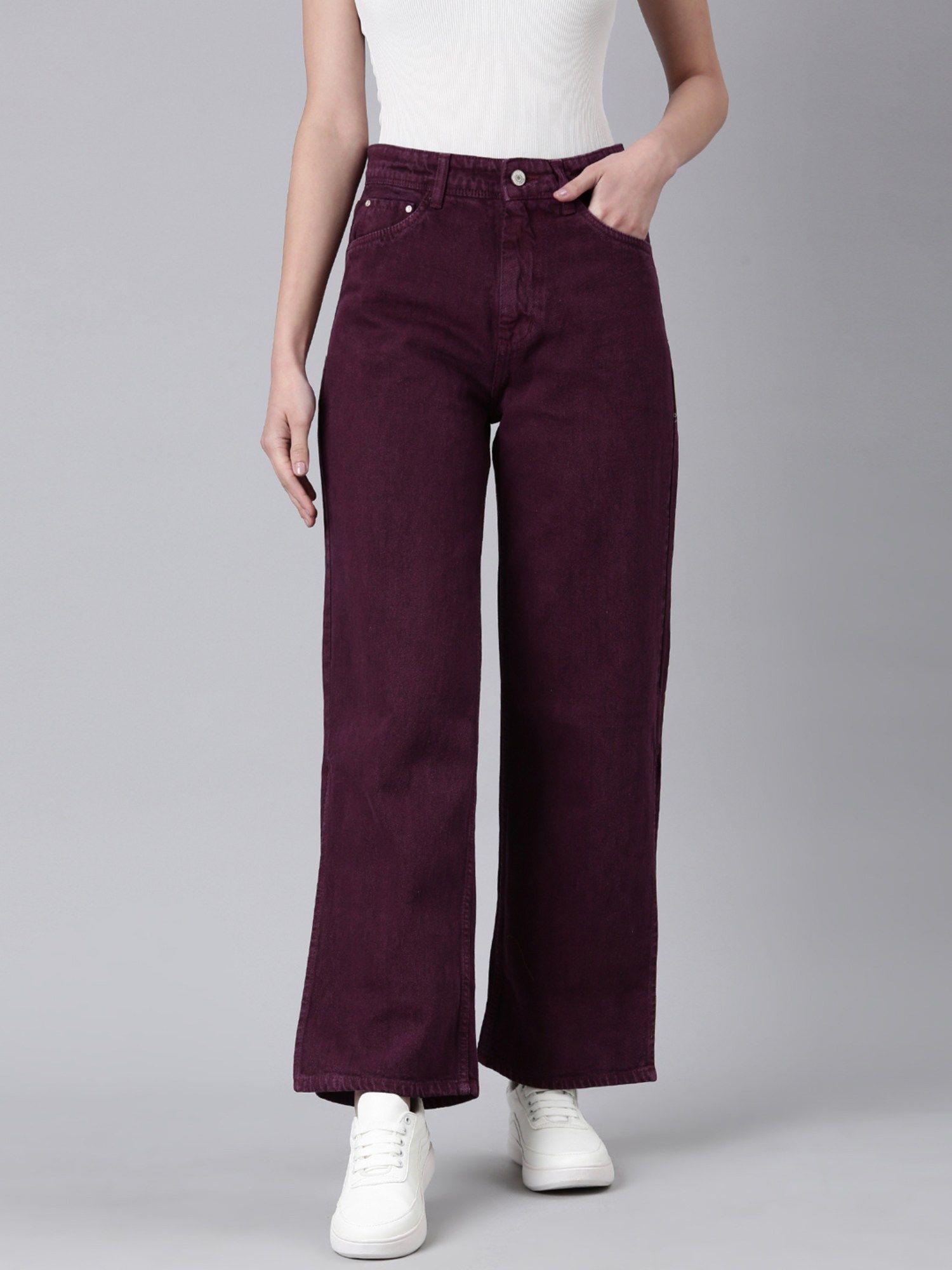 women clean look mid-rise magenta wide leg denim jeans