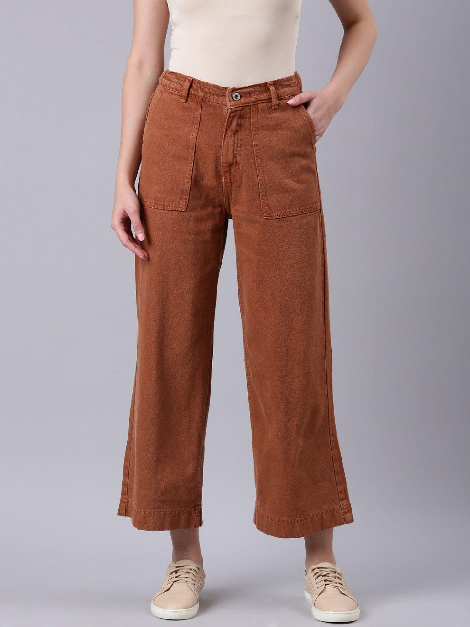 women clean look mid-rise rust wide leg denim jeans