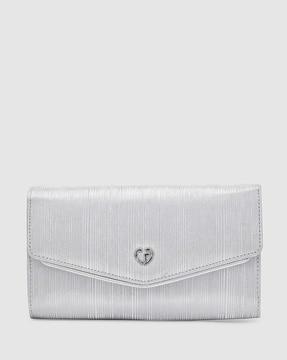 women clutch with metal logo accent