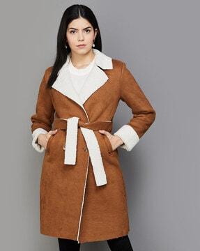 women coat with welt pockets & tie-up