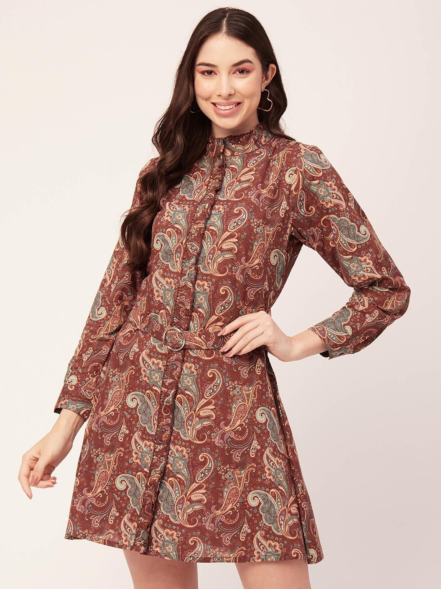 women collar neck brown paisley mini dress with belt (set of 2)