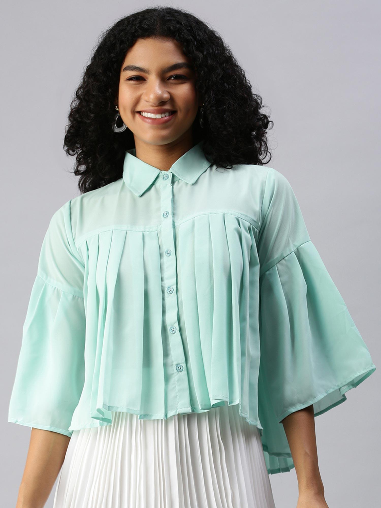 women collar neck flare sleeves pleated green top