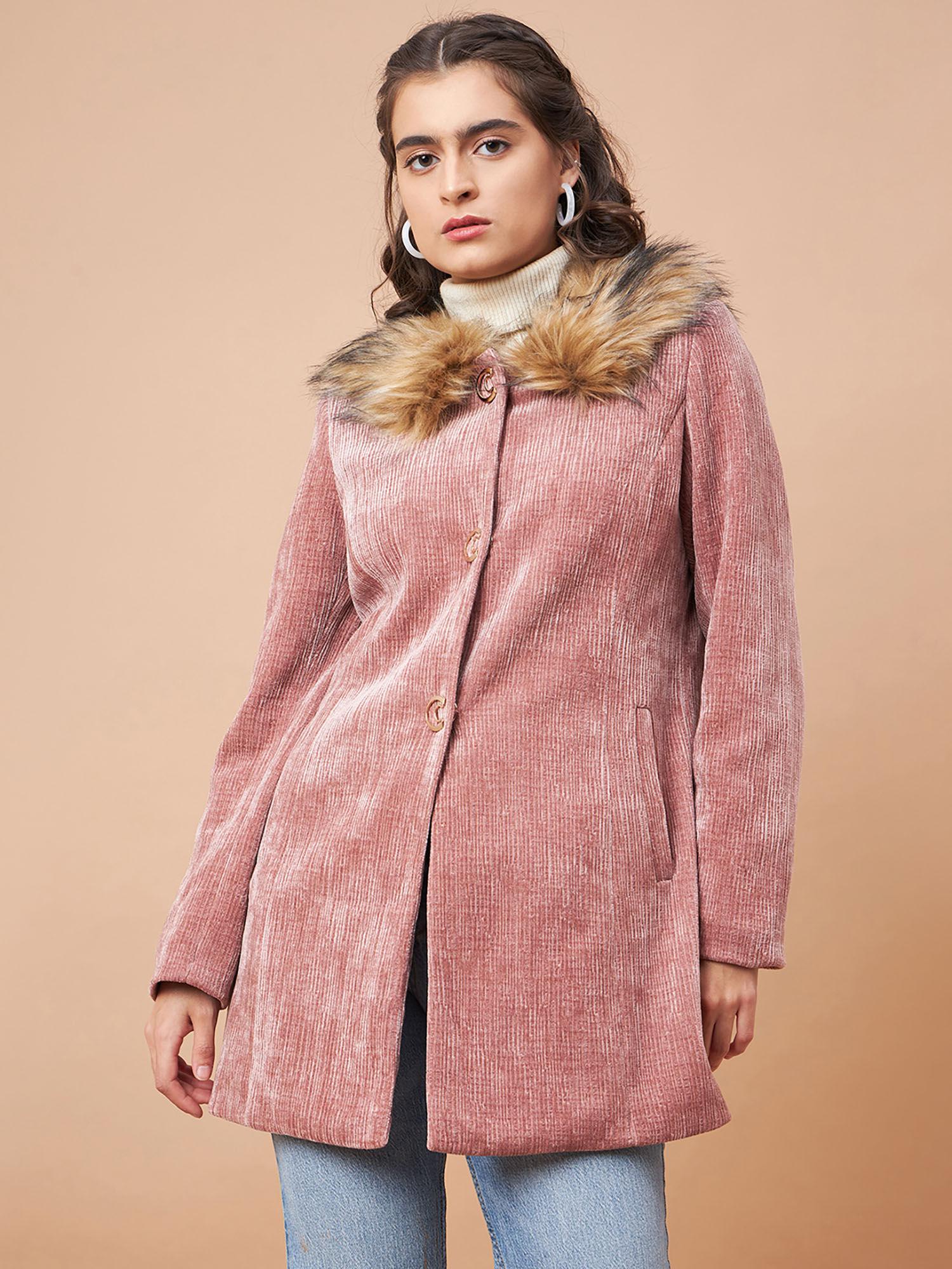 women collar neck full sleeves blended fabric pink coat