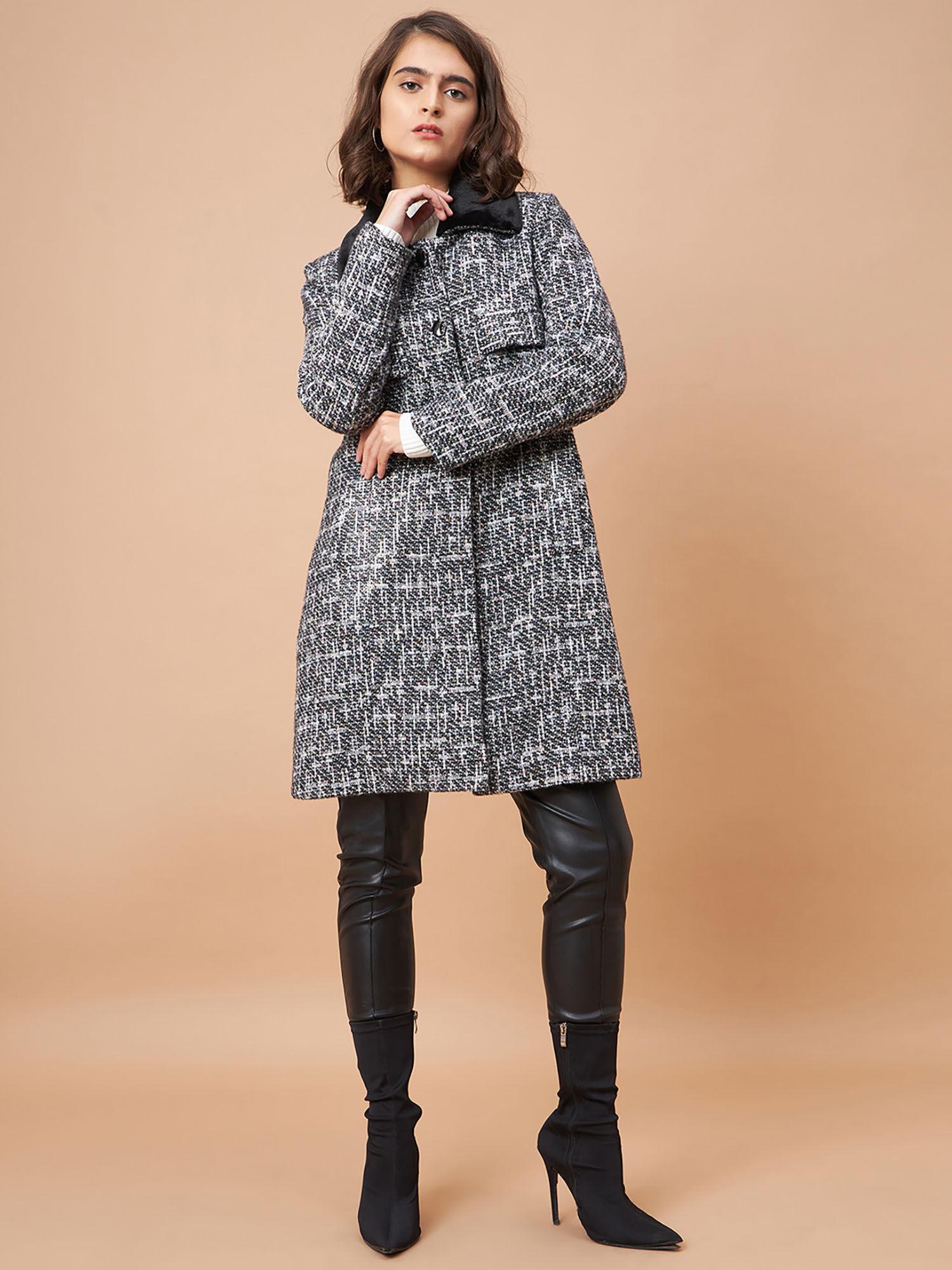 women collar neck full sleeves knitted fabric grey coat