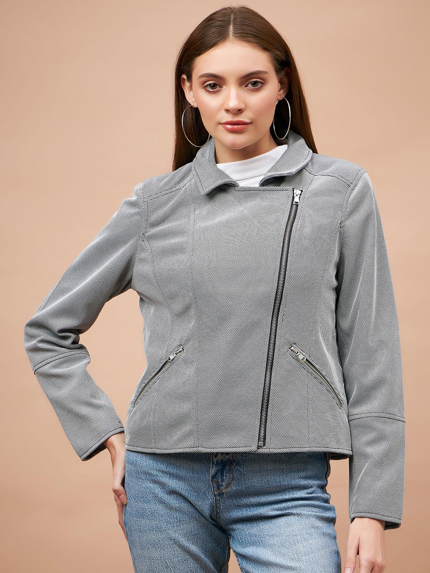 women collar neck full sleeves polyester fabric grey jacket