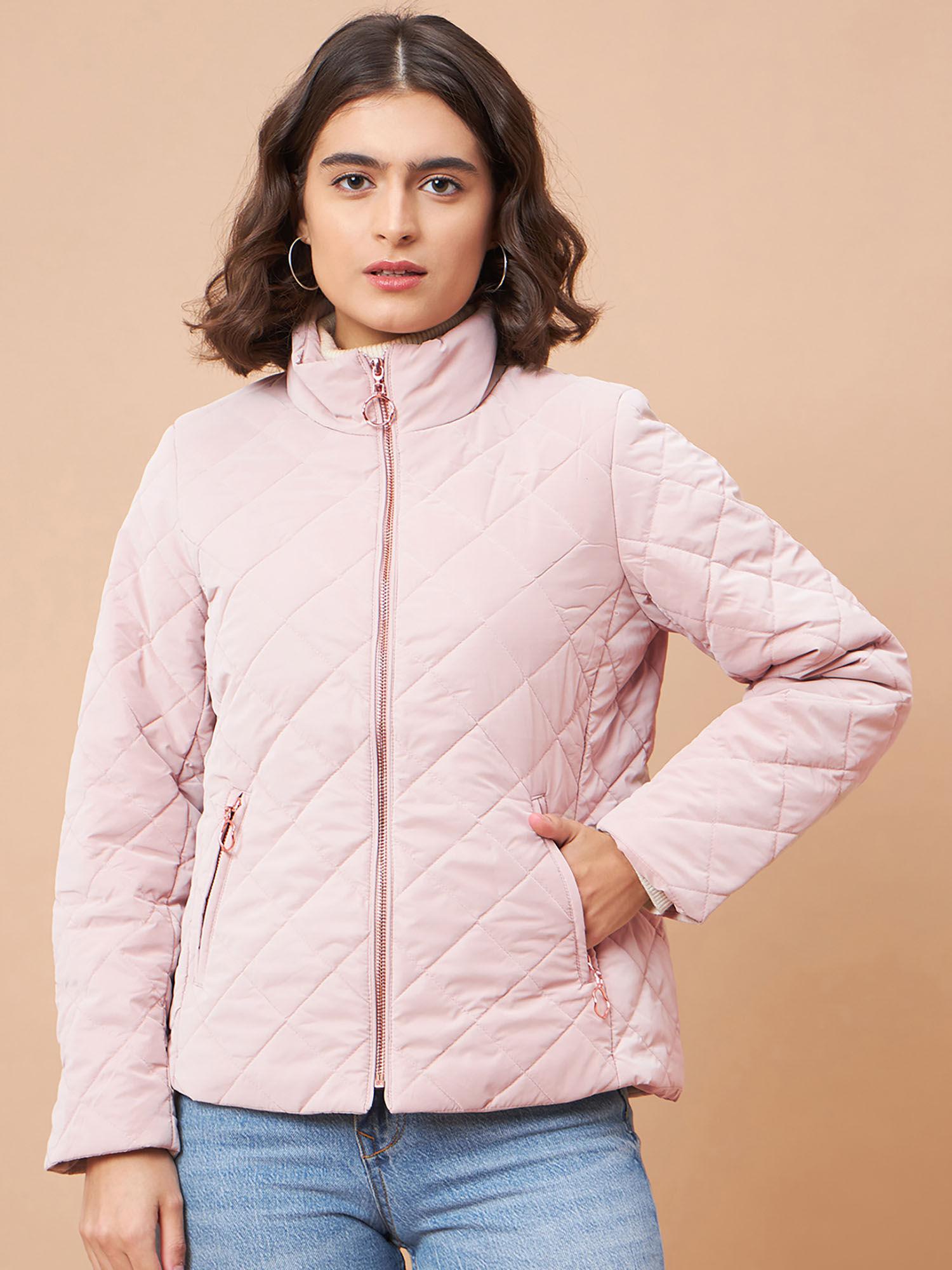 women collar neck full sleeves polyester fabric pink jacket