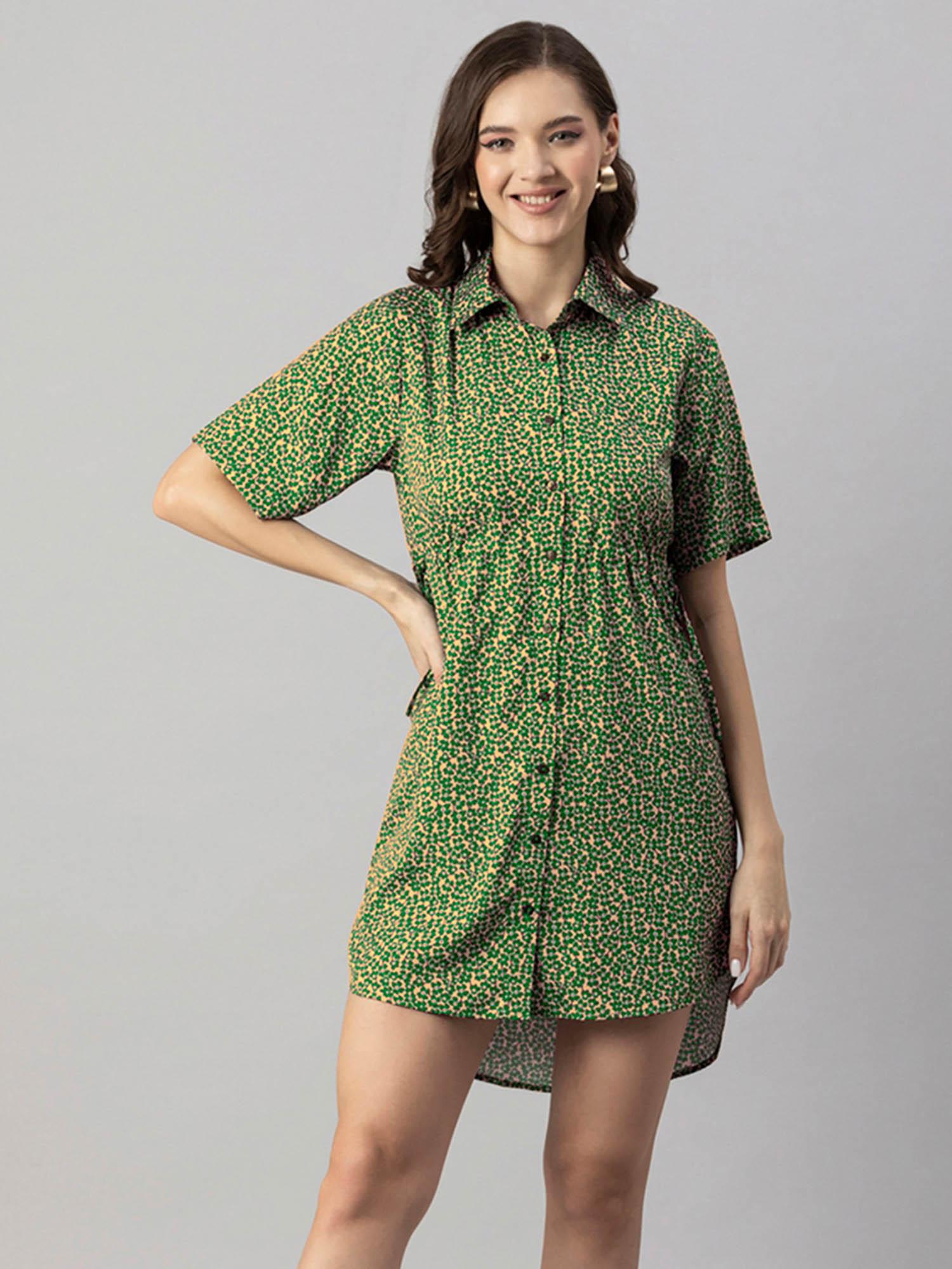 women collar neck green floral printed mini dress