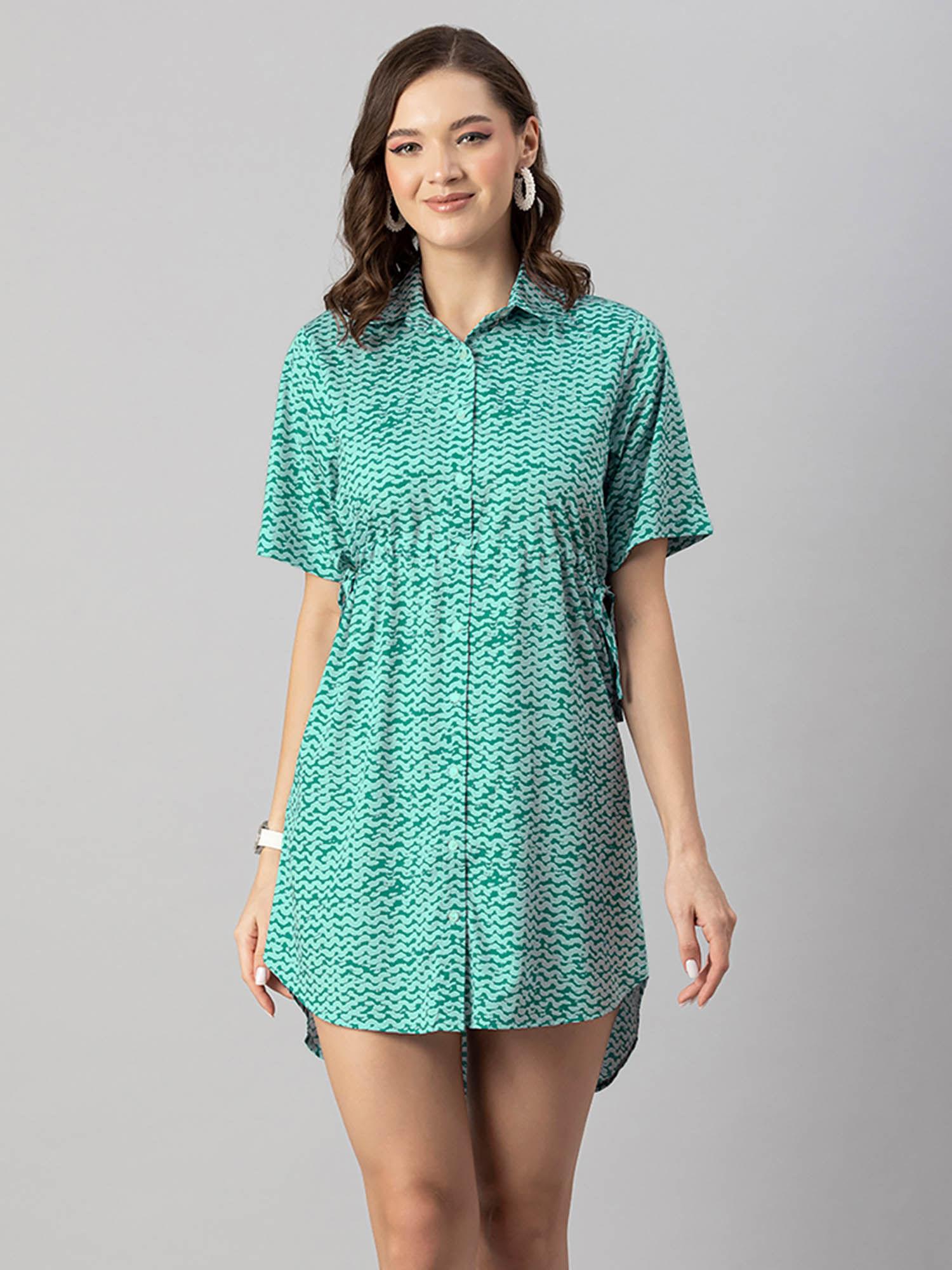 women collar neck green printed mini dress