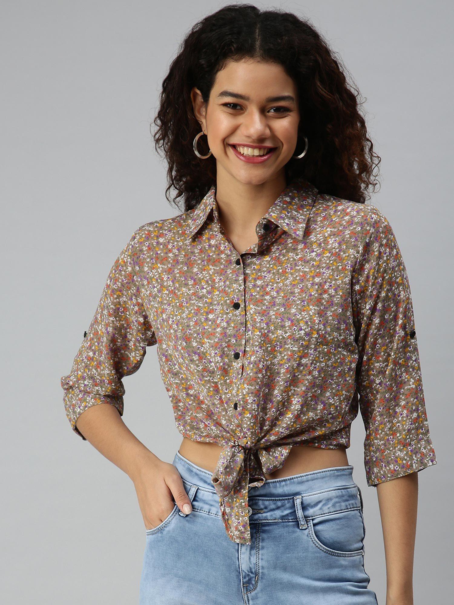 women collar neck three fourth sleeves floral taupe crop top