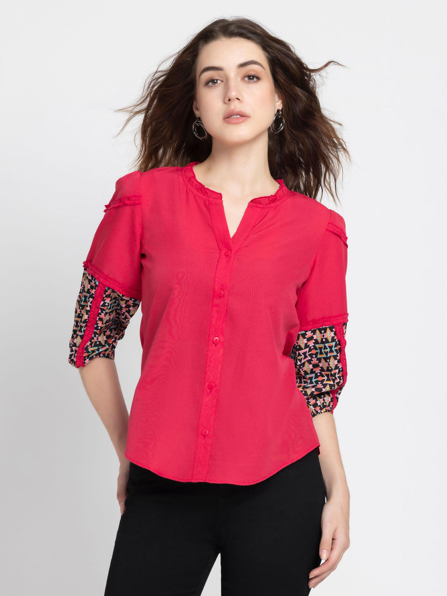 women collarless pink solid three fourth sleeves casual shirt