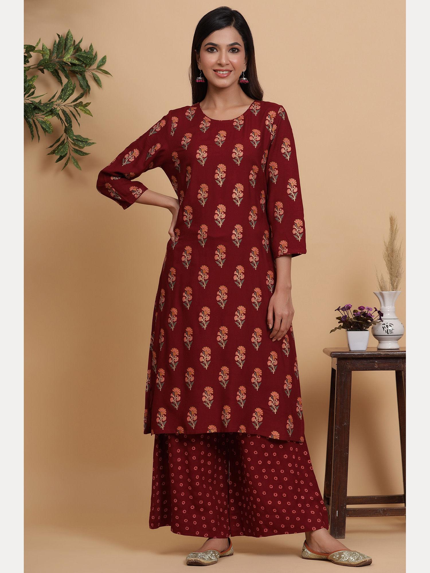 women collection red floral printed straight kurta