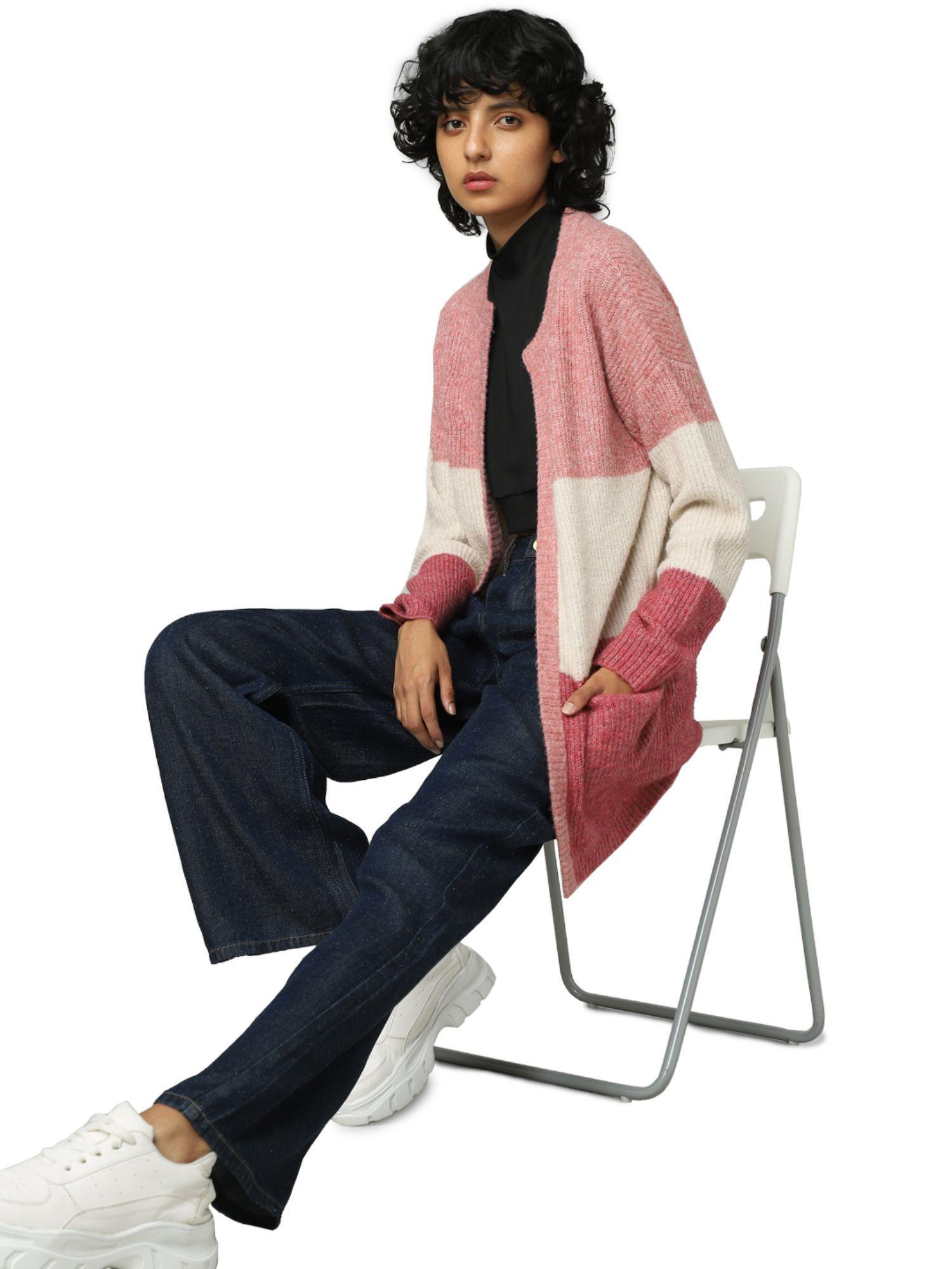 women color blocked pink cardigan